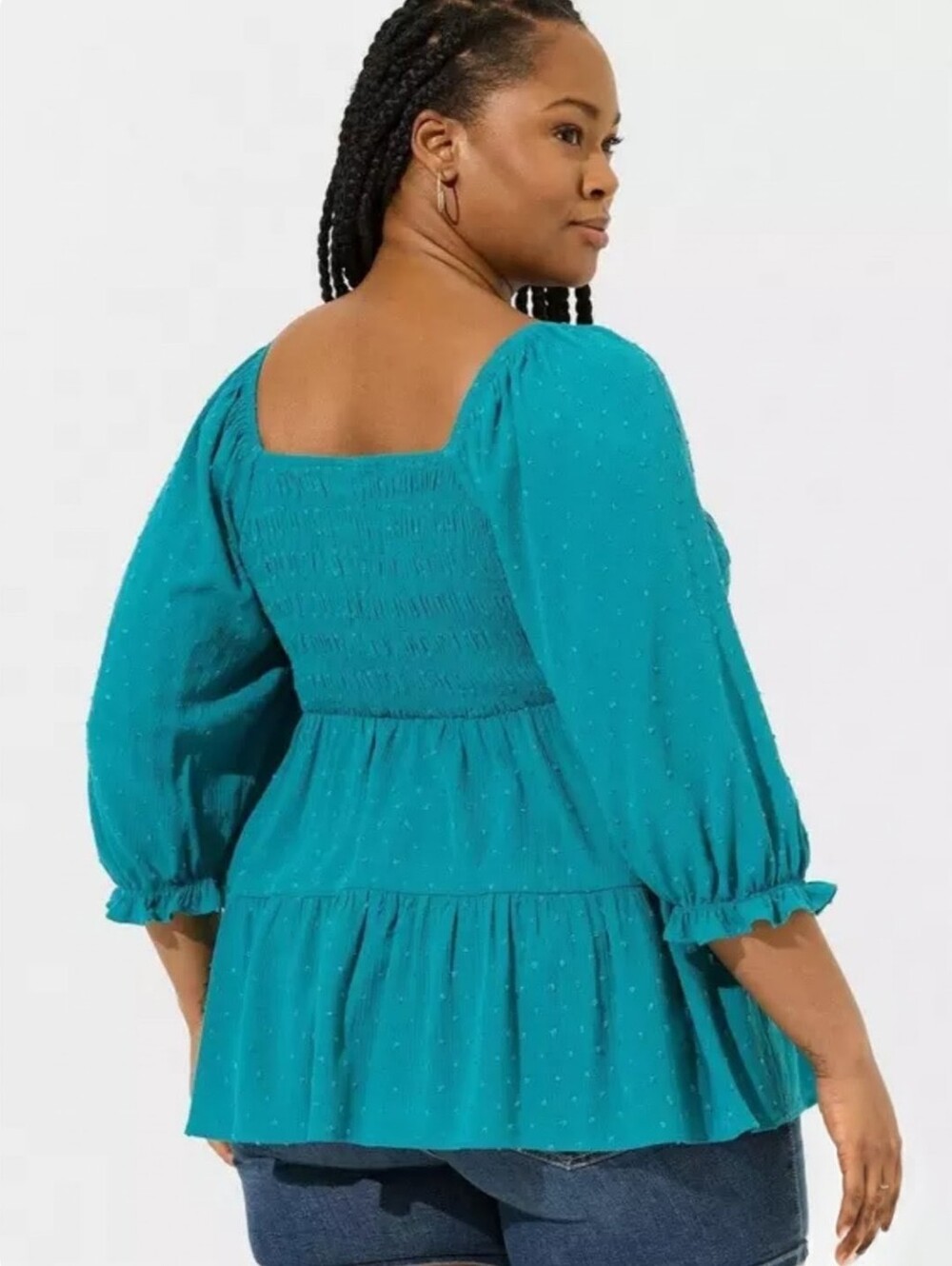 Torrid Plus Crinkle Gauze Smoked 3/4 Blouson Tiered Sweetheart Top Biscay Bay 1X - Picture 4 of 15